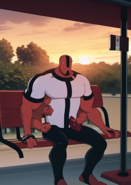 03659-3366535080-_lora_fourarms-08_1_ fourarms, sitting on bench, drinking tea, outdoors, full body, sunset, bus stop, park bench, masterpiece, b.png